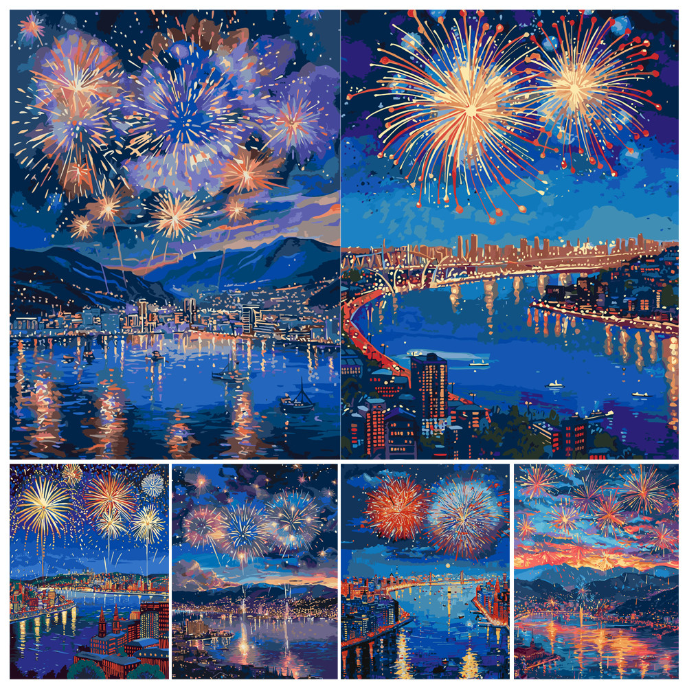 

Hand Painting Firework On The Mountain At Night Landscape Acryli Paint By Numbers Kit DIY Artwork Canva Art Home Decoration Gift