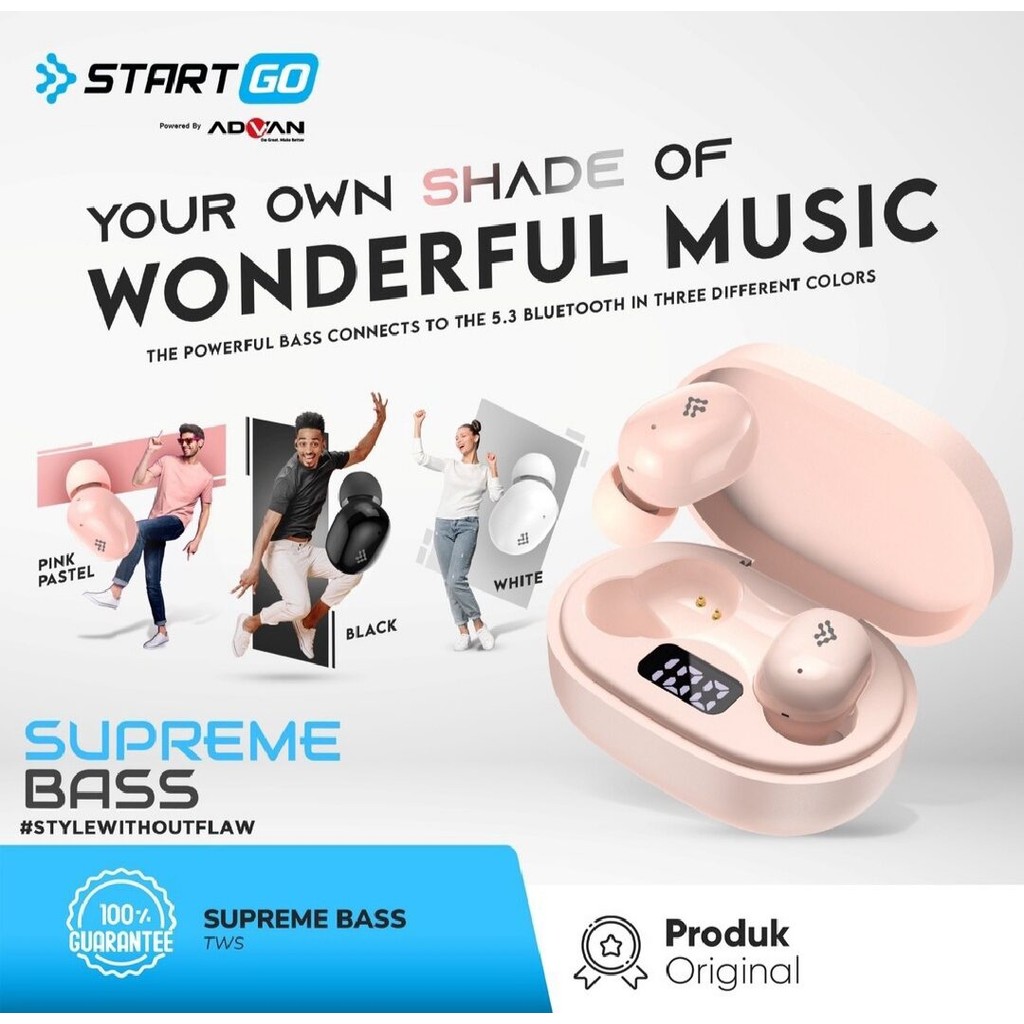 NEW ADVAN StartGo SUPREME BASS In-Ear TWS Earphone Bluetooth 5.3 Waterproof Garansi Resmi - Pink TWS