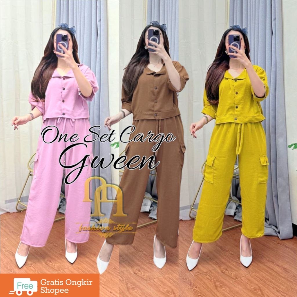 ONE SET MAURA CARGO | SETELAN WANITA BAJU CELANA CARGO CRINKLE AIRFLOW PREMIUM