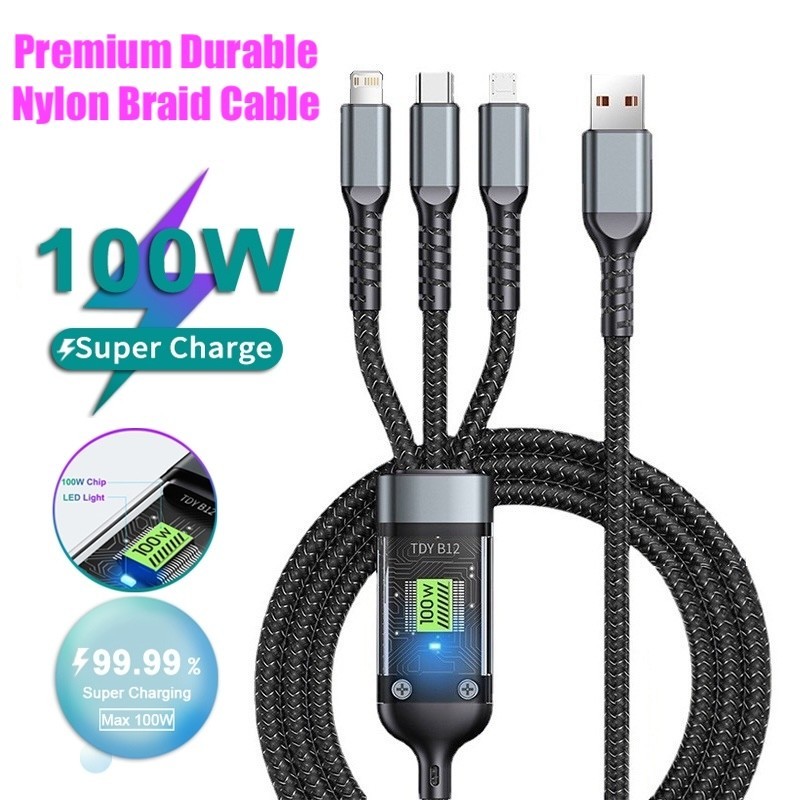 Kabel Data 3IN1 Tipe-C Micro Lightning 100W Fast Charging LED
