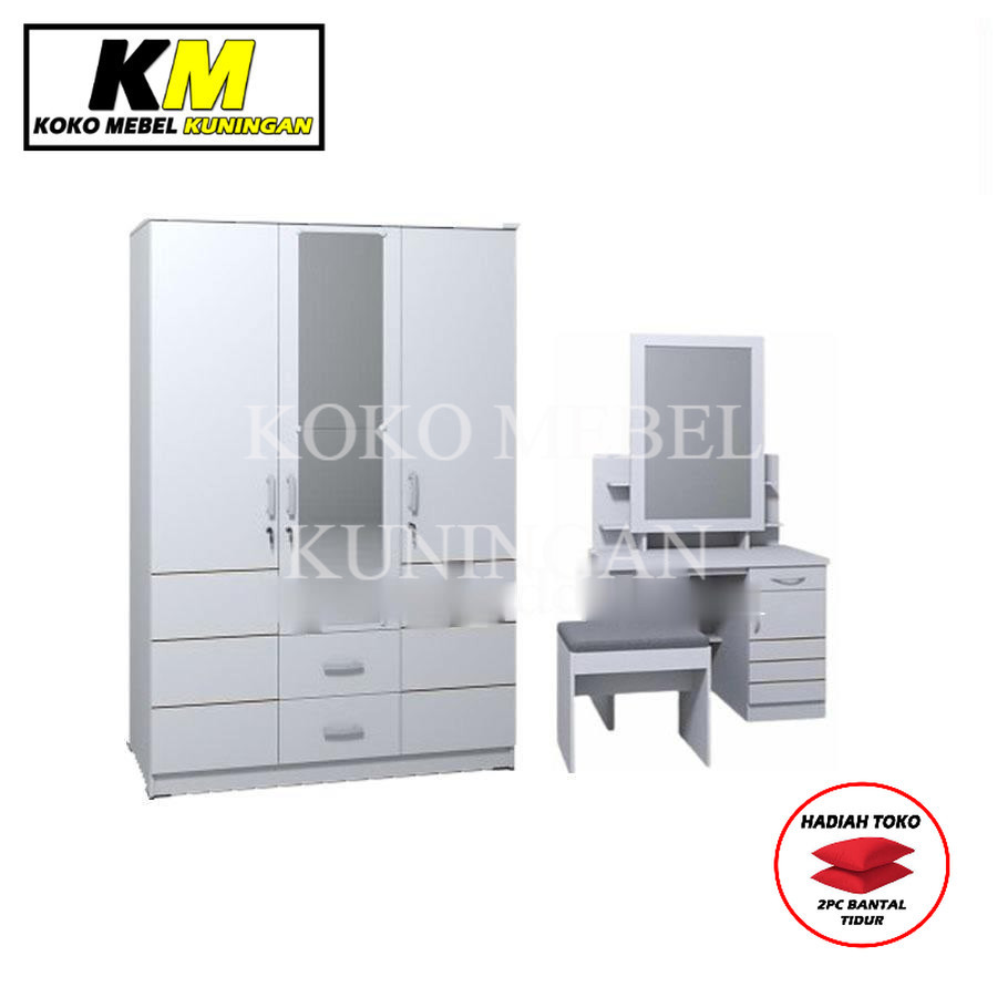 (FREE BANTAL TIDUR) PAKET LEMARI 3 PINTU ROMARO LACI DAN MEJA RIAS WARNA PUTIH ROMARO MEBEL TERLARIS