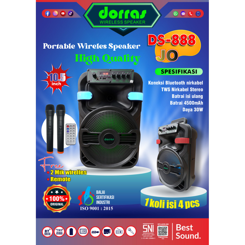 (DAS) Dorras DS-888JO Speaker Karaoke Portable 10'5 inc free 2 mic wireles