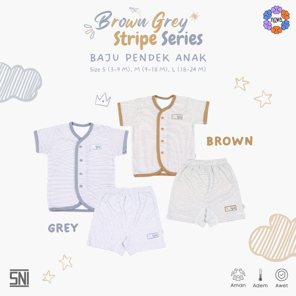 NOVA Brown Grey Stripe - Setelan Baju Garis Kancing Celana Pendek Anak Kecil (1 Stel)