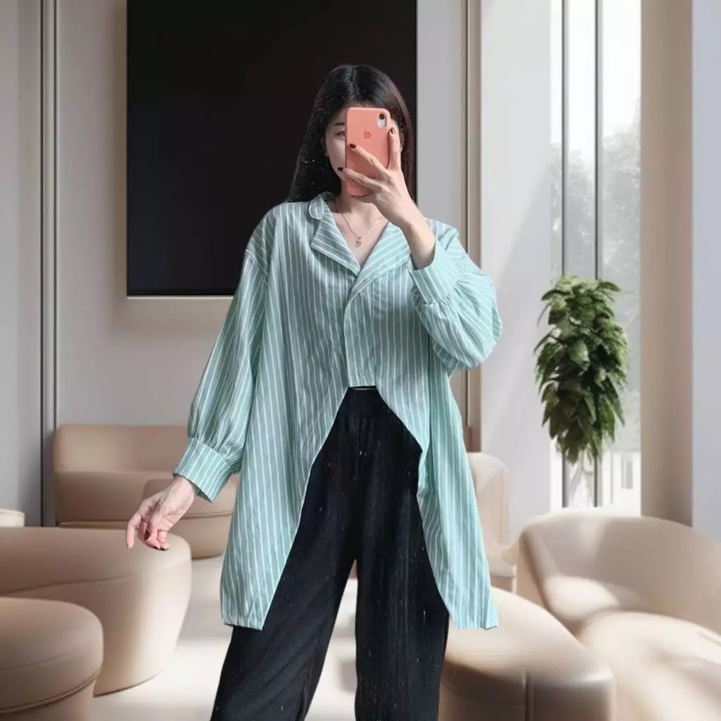 CASHA - ZFS PAKAIAN KEMEJA WANITA ICHA / KEMEJA HOPPY STRIPE BLOUSE / Simple Outfit Kekinian / OOTD 