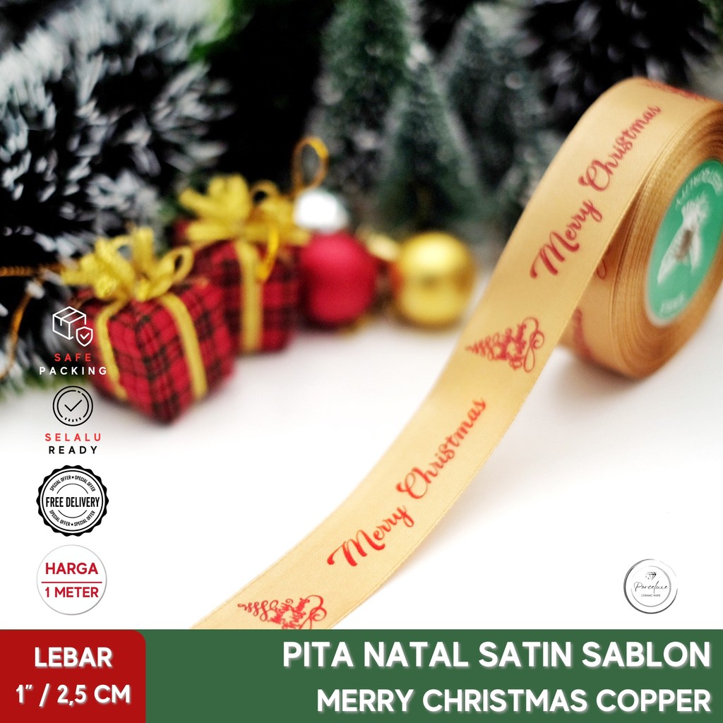 

[Meter] Pita Natal Satin Motif Pohon Merry Christmas Warna Copper Printing Merah Lebar 1" Inch / 2,5 cm Kado Hiasan Dekorasi Hampers Parcel Craft Kain Ribbon Grosgrain Premium Xmas Tree Tembaga