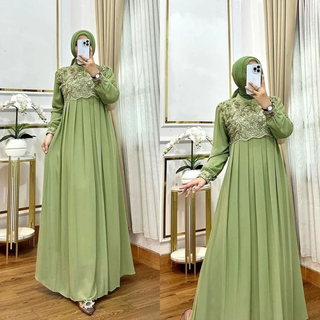 Gamis Kondangan Pesta Mewah Ceruty Babydoll Jumbo Brukat Akar Namira Dress Wanita Pesta Pernikahan -