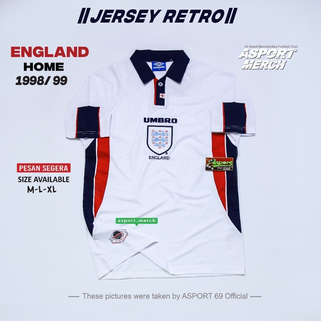ASPORT INGGRIS RETRO HOME PUTIH 1998 1999 JERSI INGGRIS 98