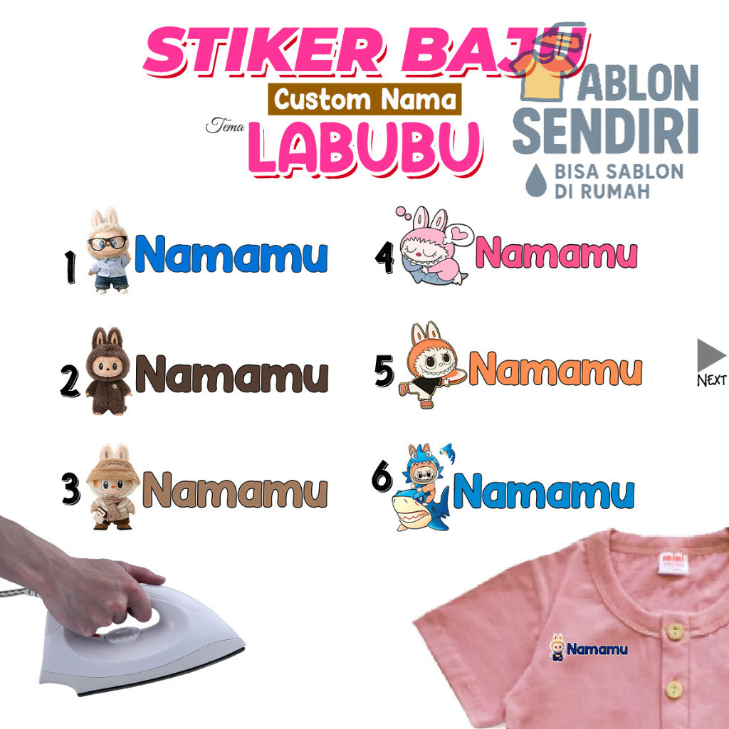

Stiker Baju Custom Nama Tema LABUBU 54pcs Setiker Label Kain Kaos Sablon Setrika