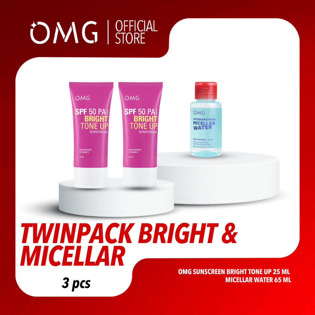 [60K GET 3] OMG Oh My Glow 3in1 Bright & Acne Kit - Paket Tone Up & Perawatan Wajah - Twinpack Sunsc