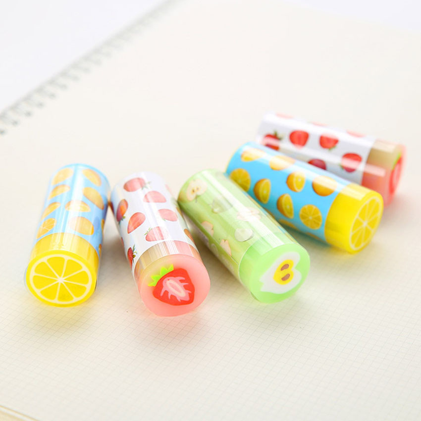 

1PC Cute Fruit Strawberry Lemon Apple Cylindrical Rubbers Erasers Gift Stationery Supplies, For School Office Kids Girls