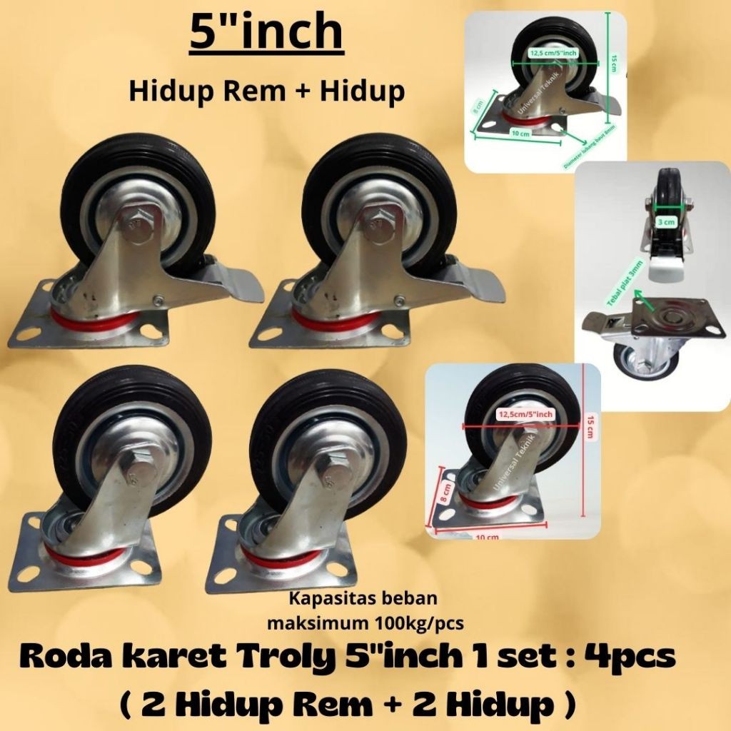 Roda troli Karet 5" inch troly kastor 1 Set 4pcs( 2Hidup Rem 2 Hidup )