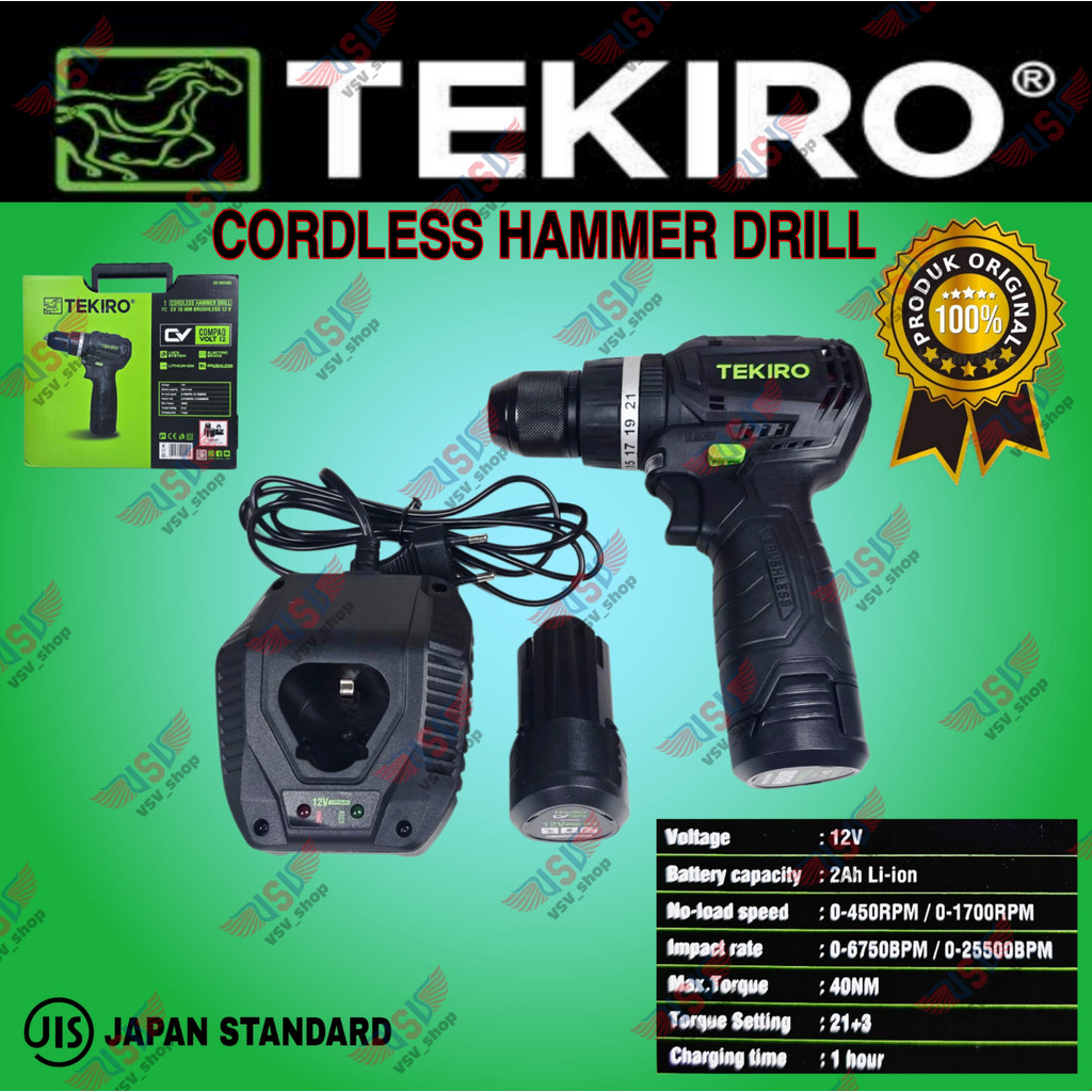 TEKIRO Cordless Hammer Drill 10mm Brushless 12V Bor Tembok Obeng Tanpa Kabel TEKIRO