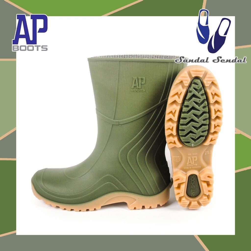 TERLARIS Sepatu Boot Pendek AP 2007 AP Boots Hijau Karet Lokal Anti Air & Slip Perkebunan Pertanian 