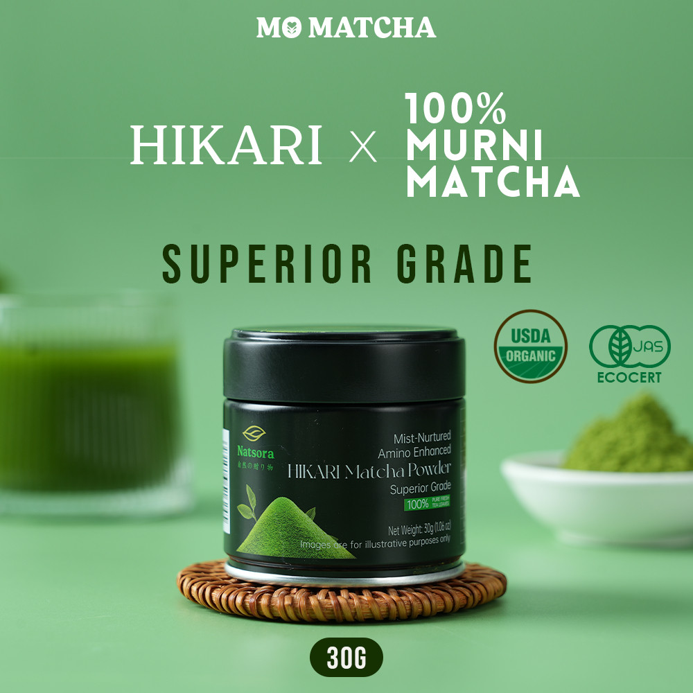 

Upper Ceremonial Matcha Powder - Hikari Superior Grade - Matcha Bubuk Priginal - Natsora Pure Matcha Organik Gunung Ting - Kemasan Box & Tin - gi