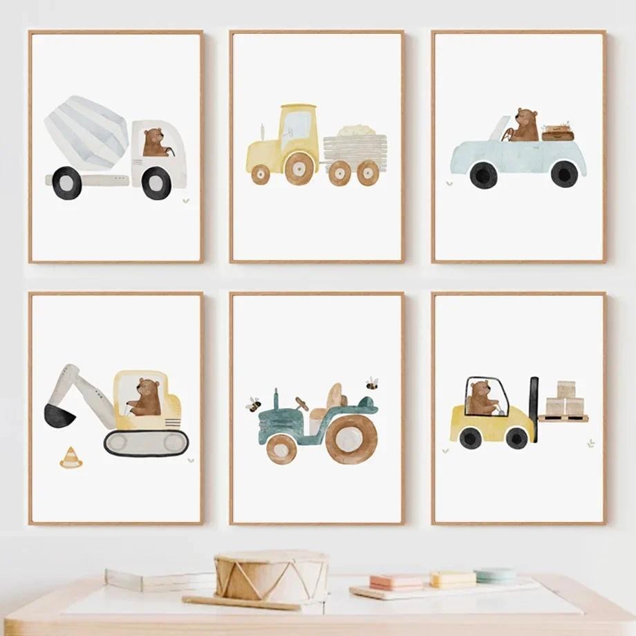

Nursery Wall Art Children's Prints Cartoon Bear Forklift Excavator Car Mud Truck Poster For Kids Room Baby Decor Canvas Painting