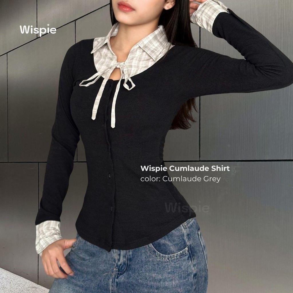 Wispie Cumlaude Top | Atasan Kemeja Kaos Wanita Kotak Gingham Rib Hitam
