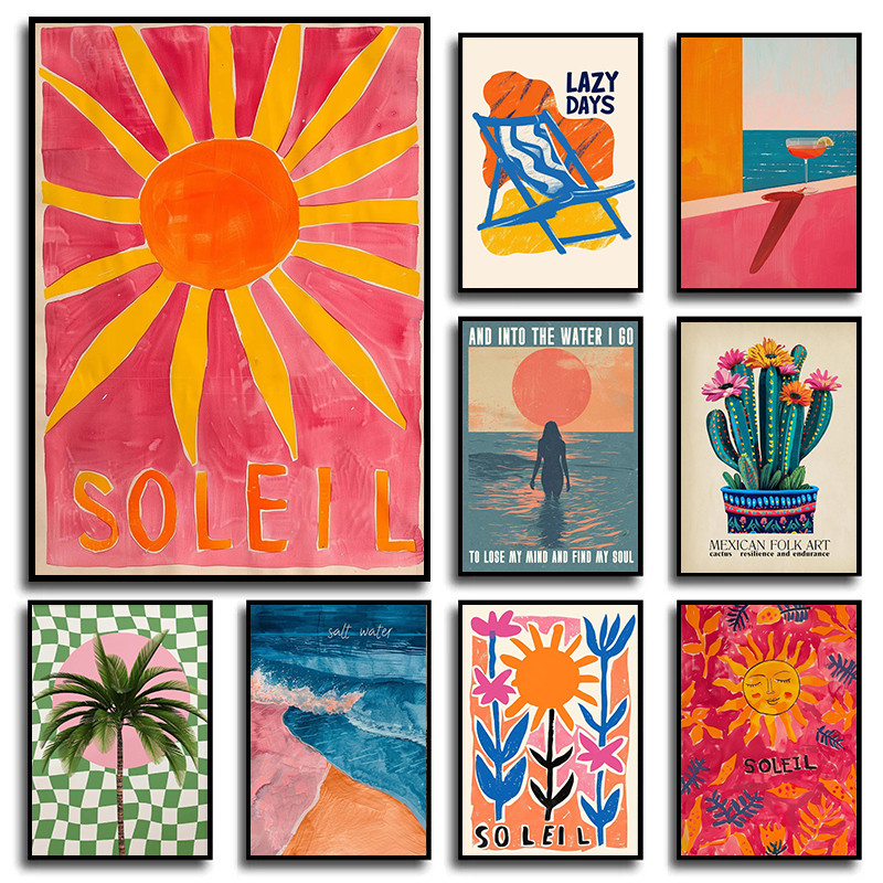 

Abstract Colourful Sun Ocean Palm Tree Landscape Cactus Poster and Prints Canvas Printing Wall Art Picture for Living Room Decor