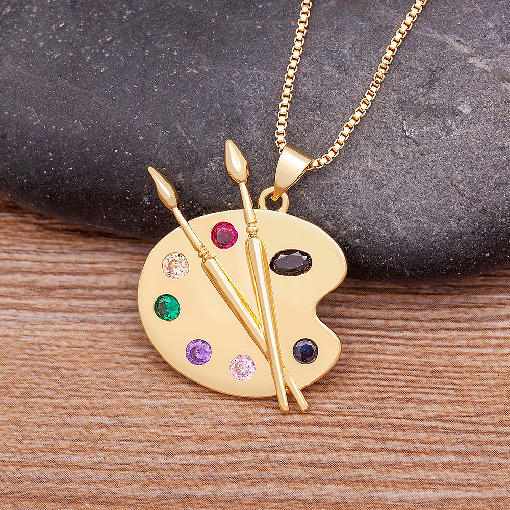 

Nidin INS Fashion Painting Plate Zircon Copper Gold Color Pendant Art Pigment Palette Draw Brush Choker Necklace Jewelry Gift