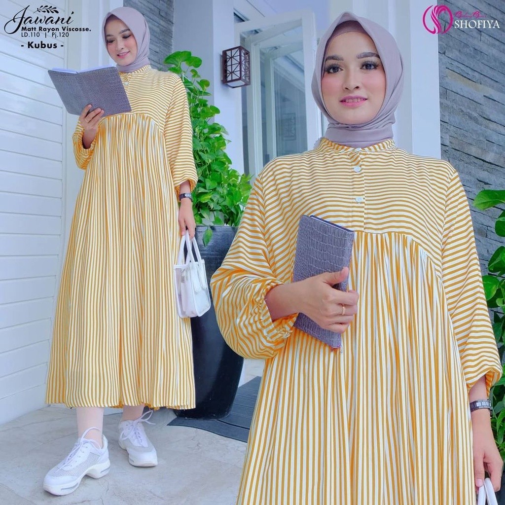 Tunik Salur Jumbo XL, XXL, XXXL Katun Viscose Jawani Midi Dress Casual Pakaian Wanita Jumbo Terlaris