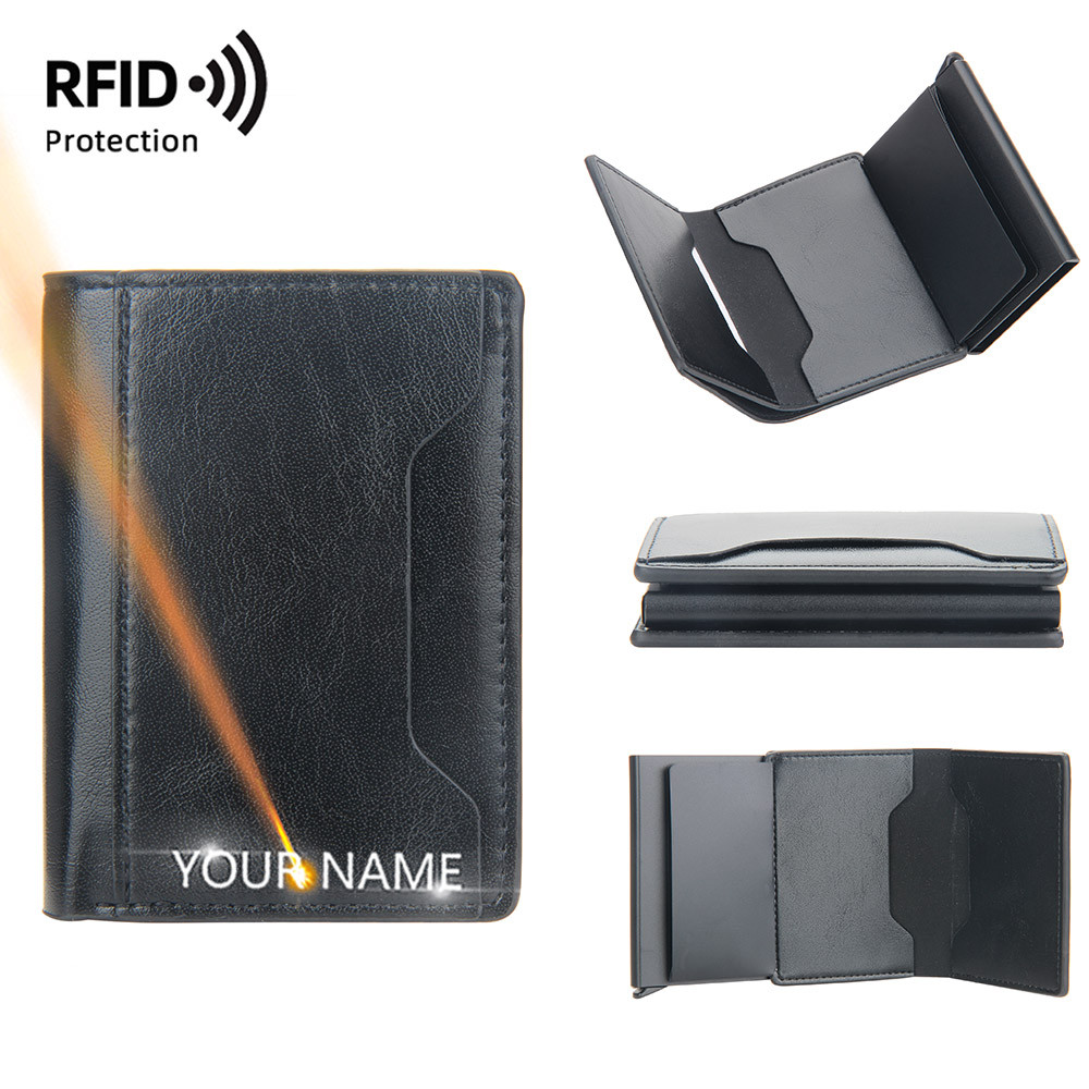 

New RFID Card Holder Men Wallets Name Engraving Small Short Popup Card Bag Male Purse Classic Simple Card Clips Men Card Wallet