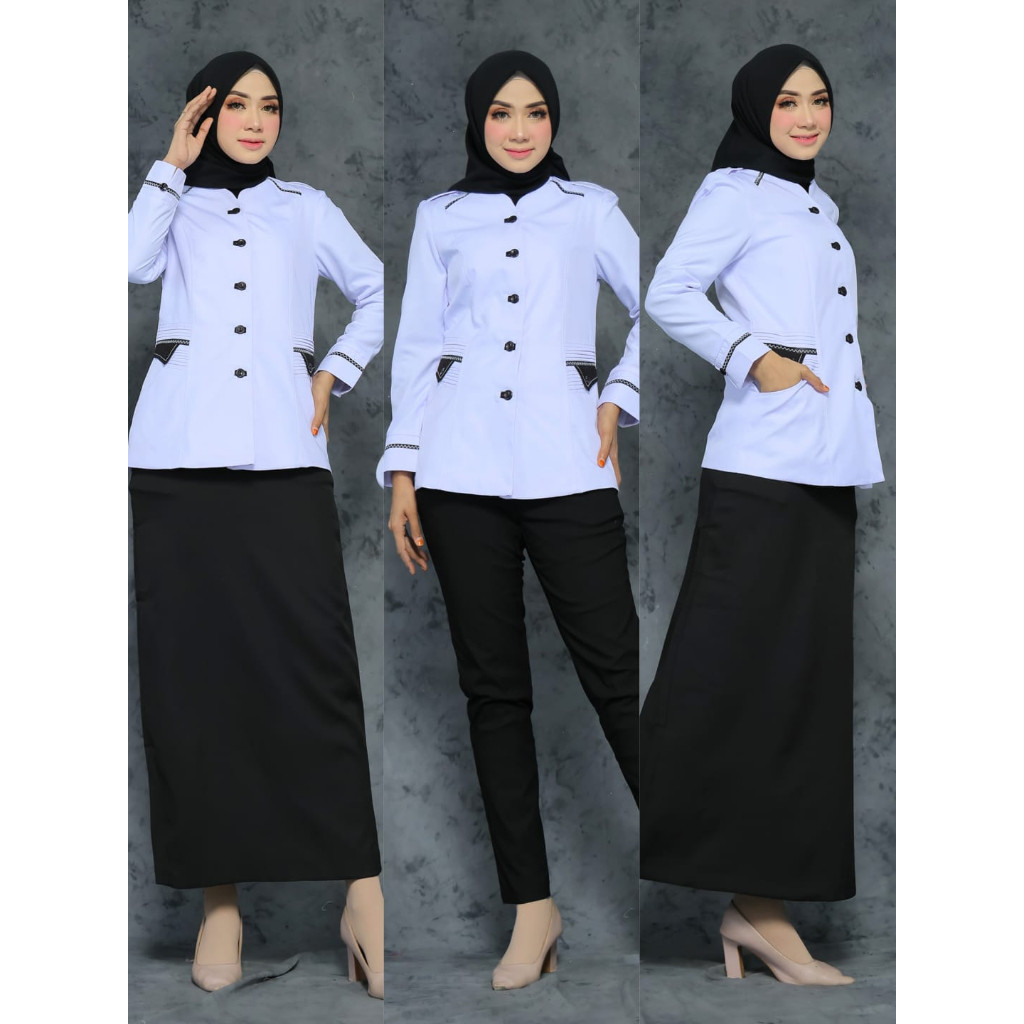 promo SERAGAM DINAS PUTIH HITAM ROK A/ROK.SPAN/CELANA PANJANG/ATASAN BAHAN KATUN SETELAN FREE HIJAB