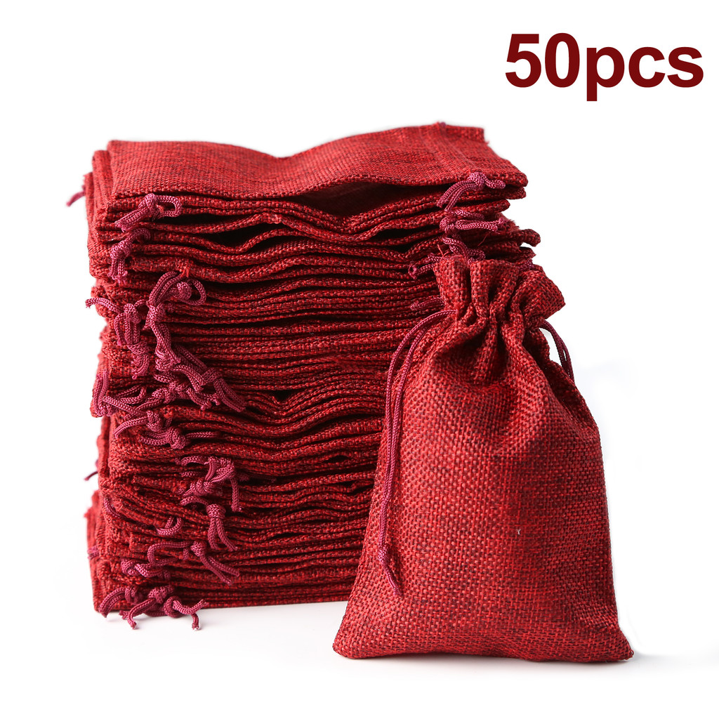 

50PCS Red Green Drawstring Burlap Jute Gift Bags DIY Wedding Favor Gift For Packaging Candy Chocolate Jewery