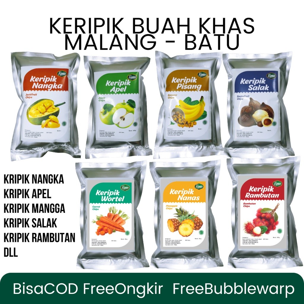 

Vanilla.storee Fiona Keripik Buah dan Sayur Apel Nangka Okra Rambutan Paprika Mangga Bombay - Oleh Oleh Khas Malang Netto 50 Gram