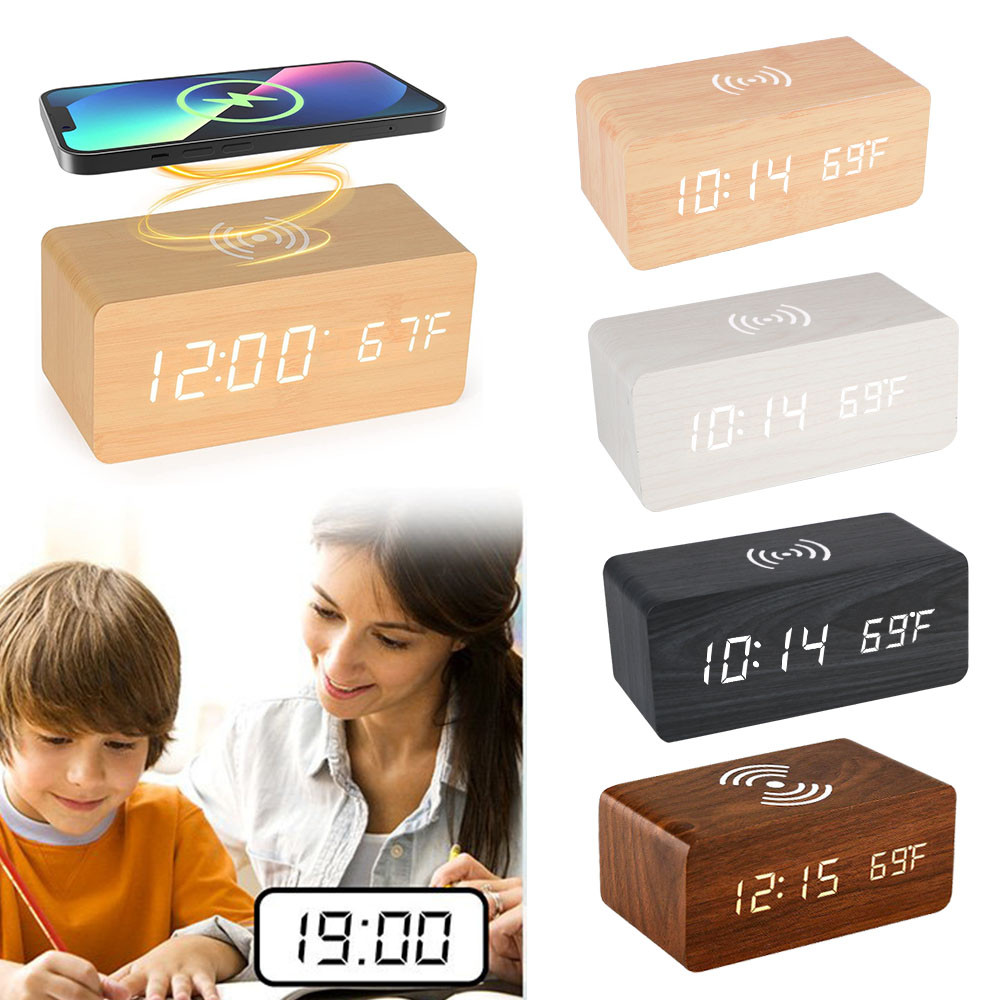 Wooden Desk Digital Clock Phone Chargers LED Display Temperature Wooden Digital Alarm Clock Wireless