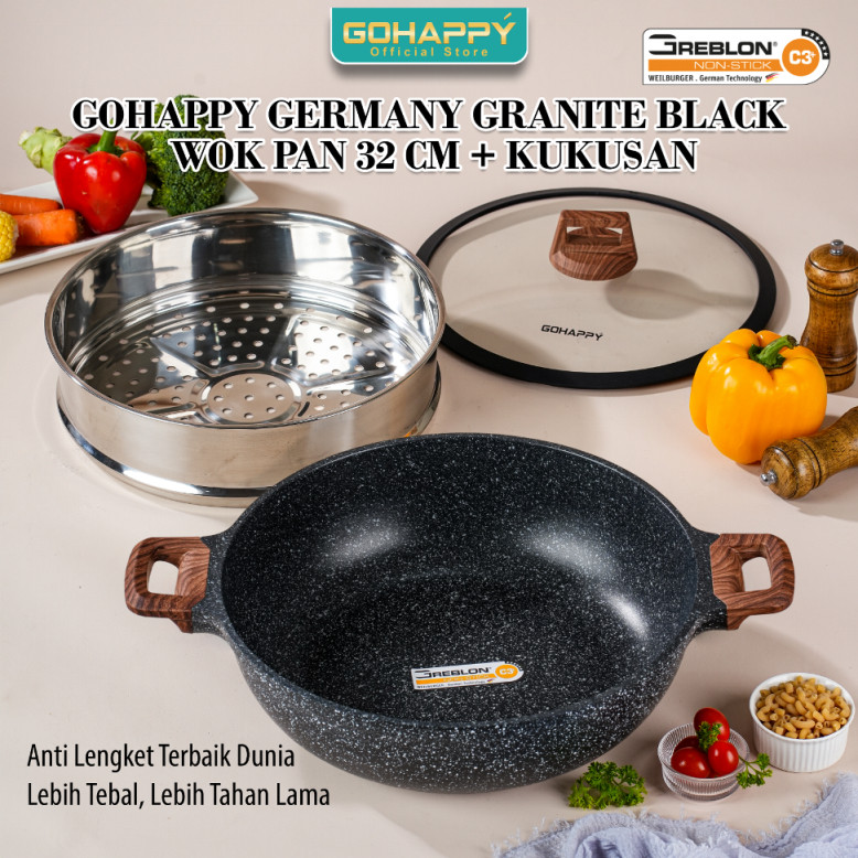 GOHAPPY GERMANY WOK PAN 32CM Steamer Greblon C3 JERMAN PANCI SET Anti Lengket Marble Black GRANITE W