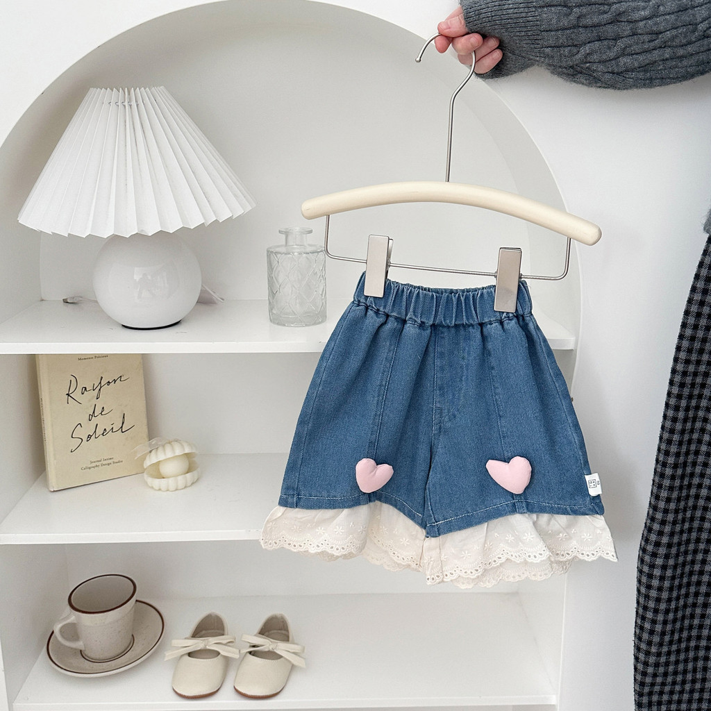 Korean girls summer thin denim shorts new foreign style little girl fashionable color matching lace 