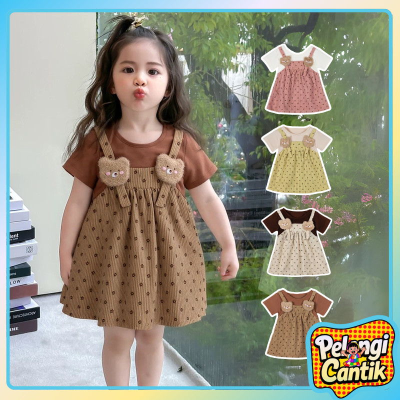 Uisa 0 - 3 Tahun Dress Anak Perempuan Dress Motif Bunga Bear Dress Kaos Lengan Pendek Anak Perempuan