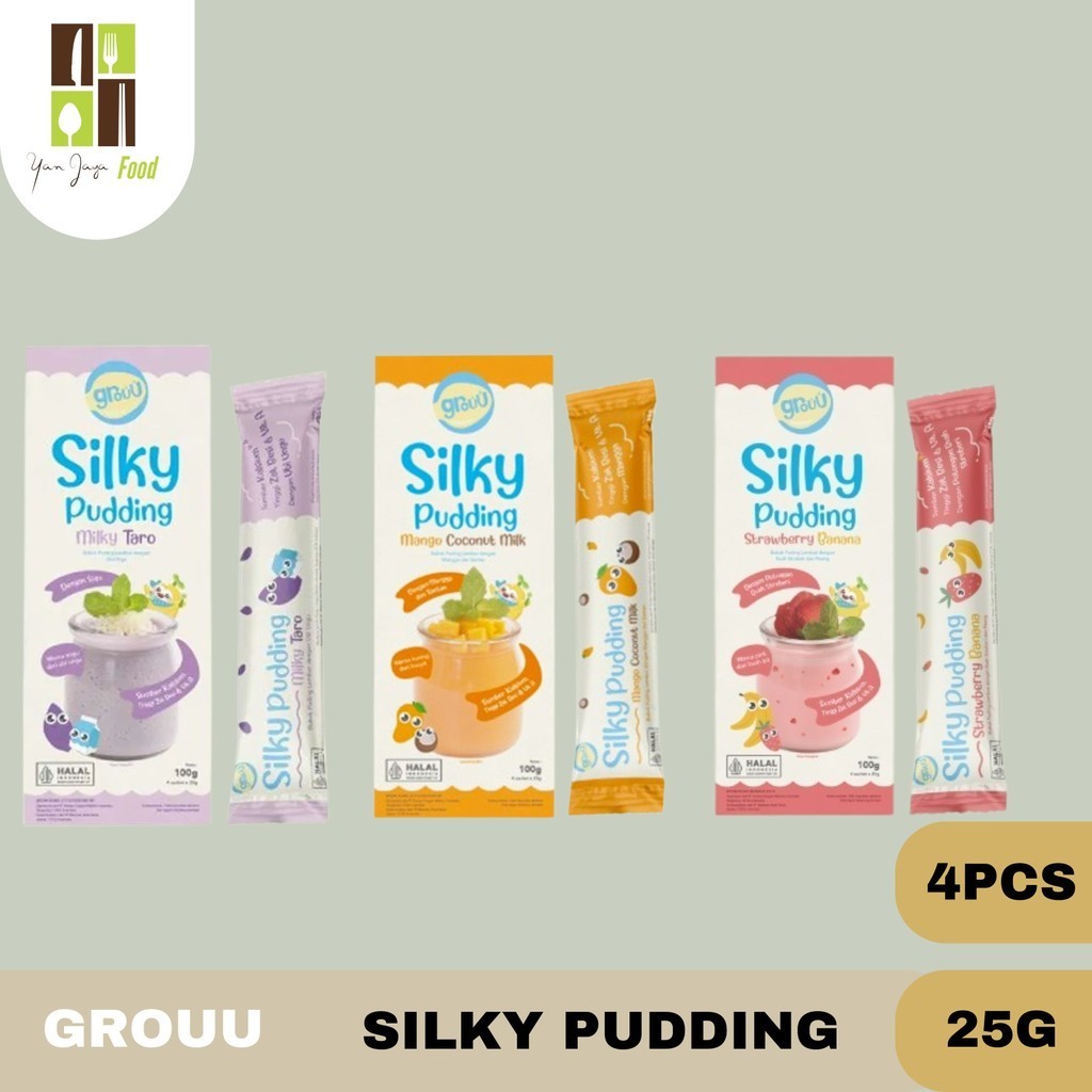 

Grouu Silky Pudding 25G - 1 BOX / 4 PCS / Pudding Lembut Rasa Strawerry Banana / Milky Taro / Mango Coconut Milk