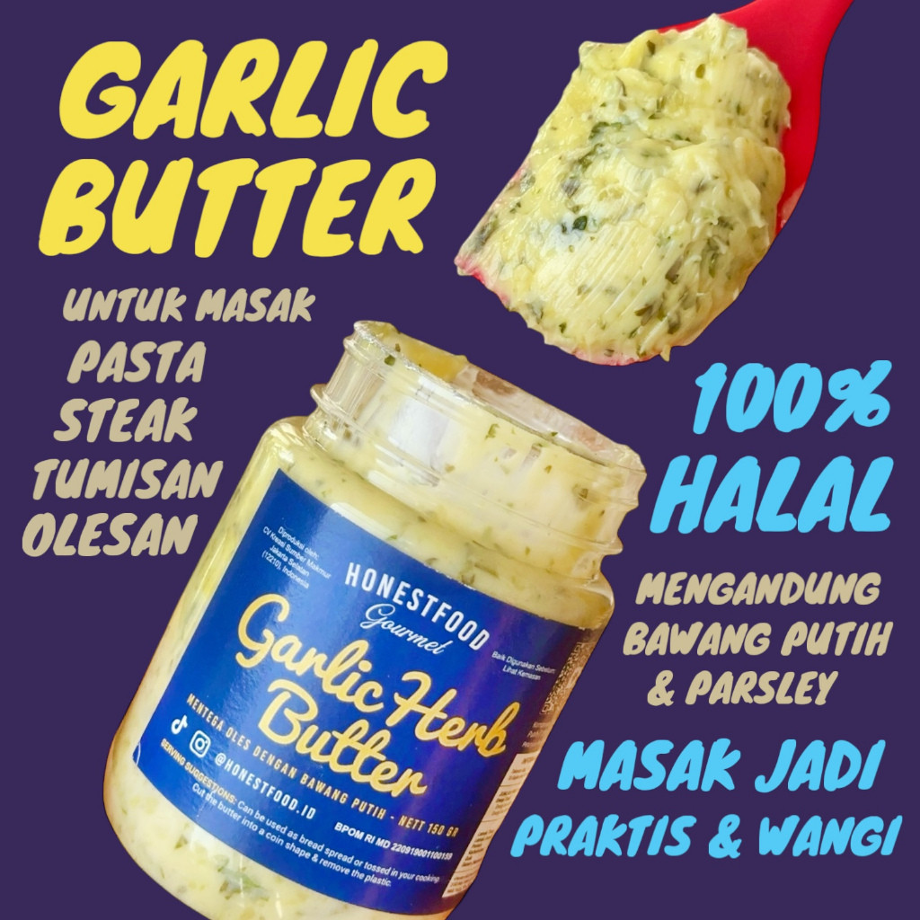 

Butter Halal premium/Garlic Butter HONESTFOOD Halal/150gr/Mentega Bawang Putih, Olesan Roti, Bahan Masakan
