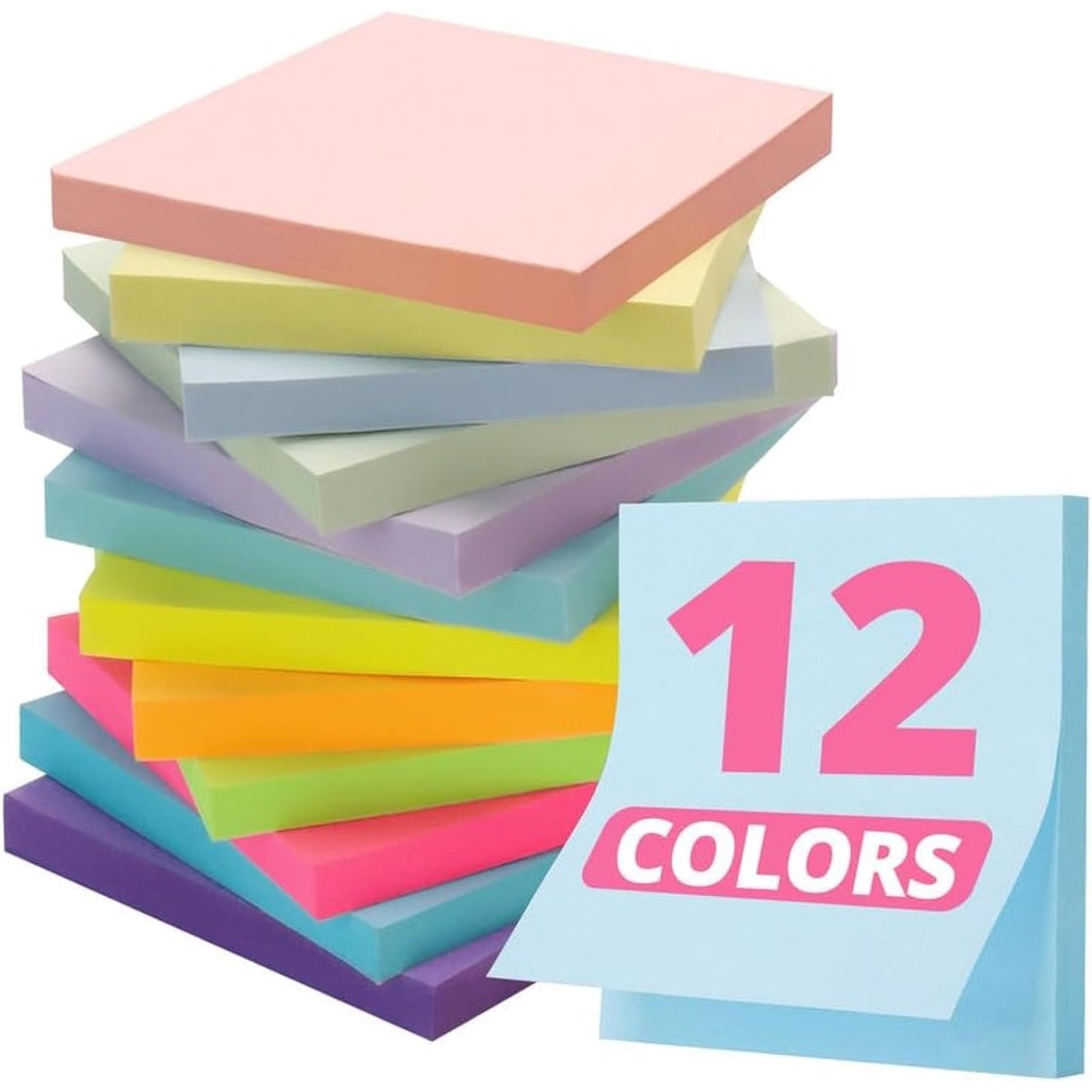 

Sticky Notes 12 Pads 3x3 inches Colorful Self-Stick Note Pads Perfect for Office Study and Daily Life Organization Soft Color