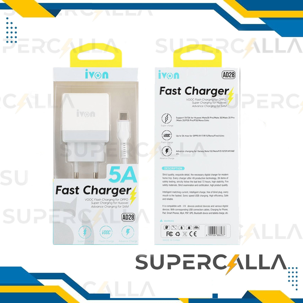 iVON Fast Charger 5A Super Charging USB Type-C VOOC Flash Kepala/Batok Charger HP for Huawei/Honor O