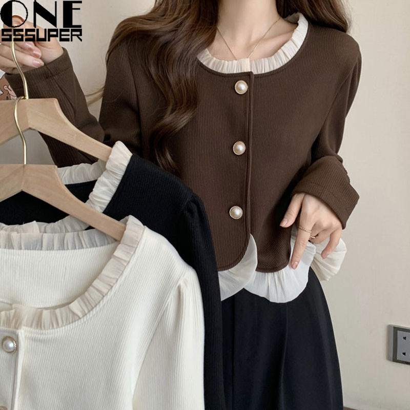 Sweater rajut lengan panjang wanita ala korea kardigan rajutan tambal sulam pendek Atasan kasual lon