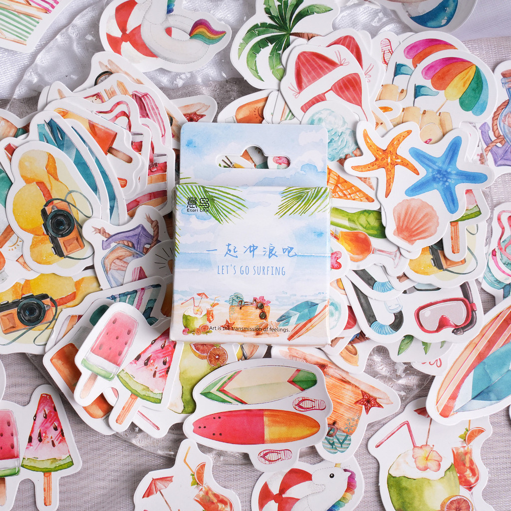 

45Pcs/Box Outdoor Summer Beach Together Surfing Stickers Summer Tropical Beach Surfing DIY Toys Decal Sticker