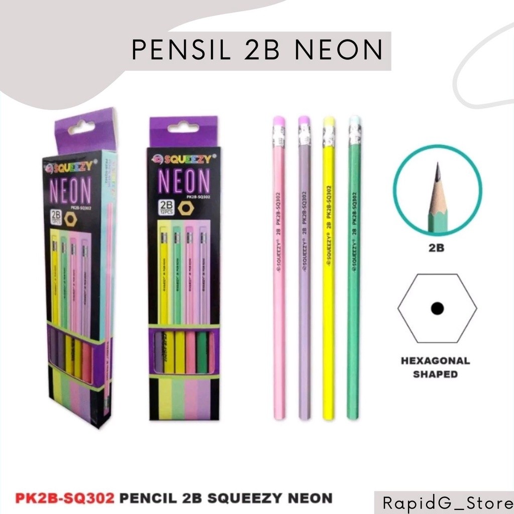 

12 Pcs Pensil Tulis Kayu 2B 1 Pack Dengan Penghapus Model Neon