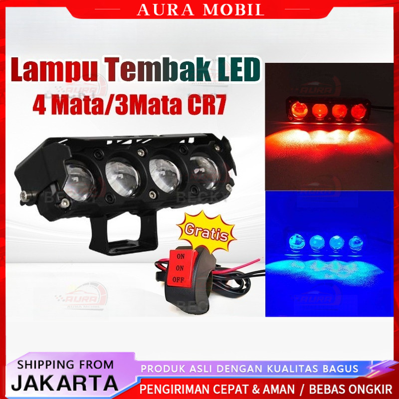 Lampu LED Motor Lampu Tembak LED 4 Mata/3Mata CR7 Series Original Dengan Topi Premium Full Aluminium