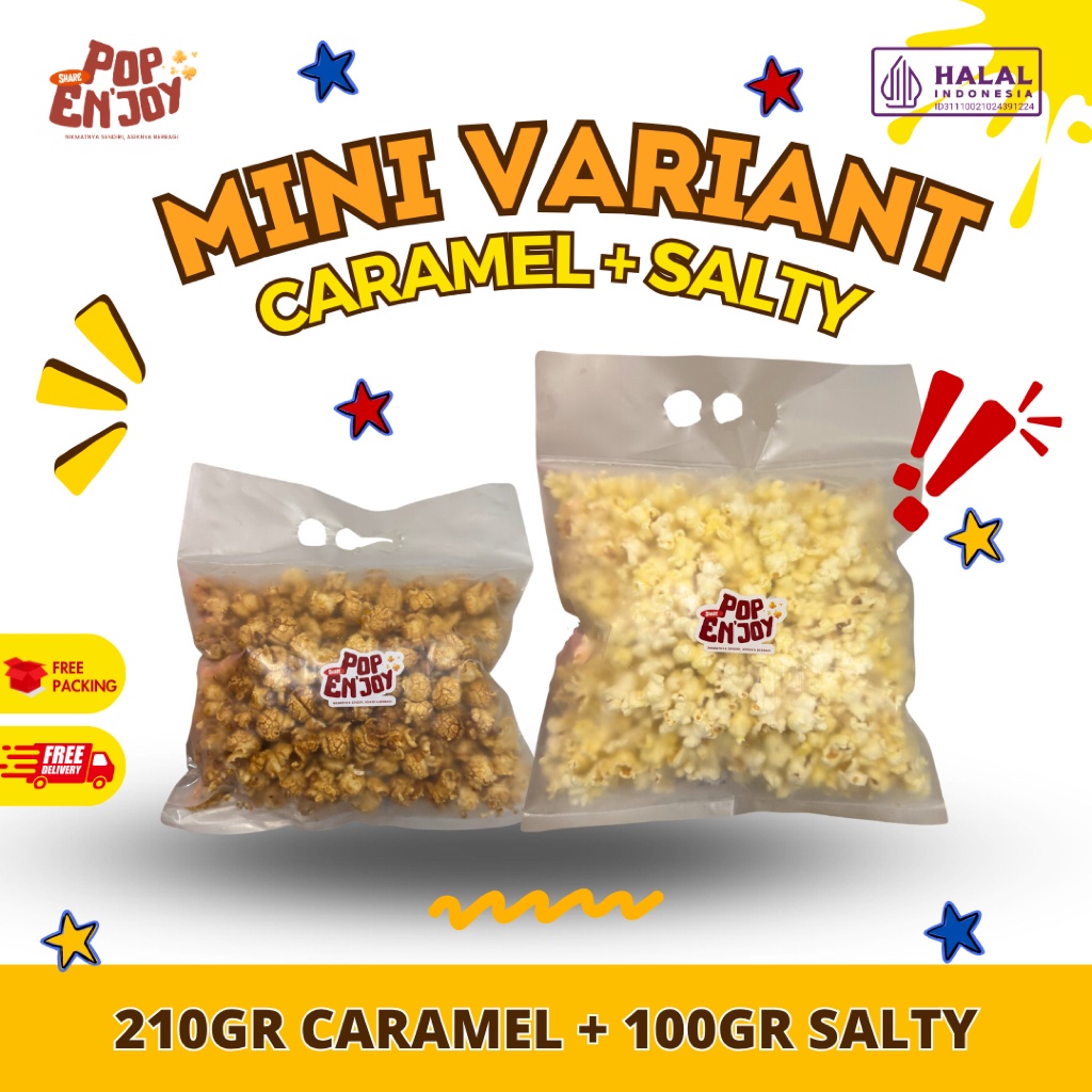 

[MIX KECIL] CARAMEL BUTTER SEA SALT POPCORN (230+120gr) - PopENjoy / 2 Rasa Camilan Crispy Popkorn Jagung Sehat Premium