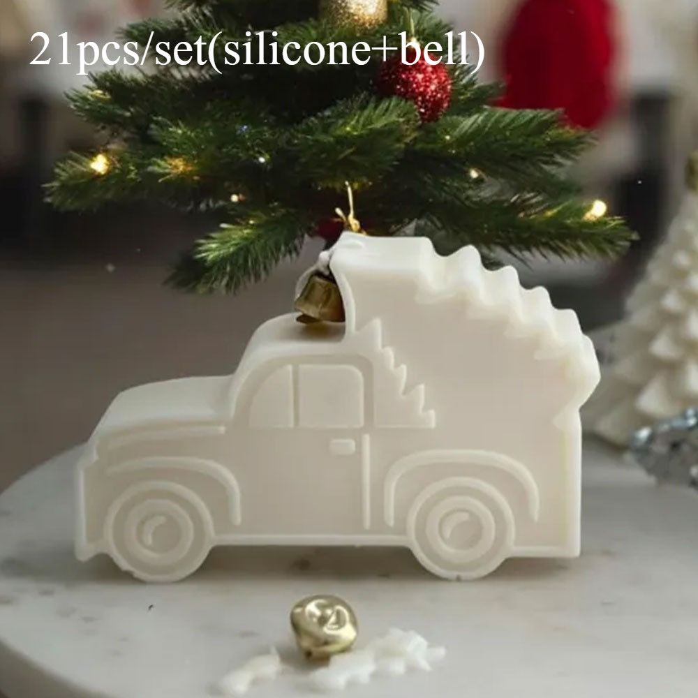 

21pcs/set Truck Candle Silicone Mould with 20pcs Golden Bell Relief Pine Car Shape DIY Party Resin Plaster Craft Decor