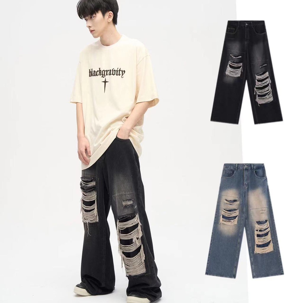 American jeans/Loose sobek Denim Jeans Pria/jeans kulot high waist korean style pria/baggy jeans pri