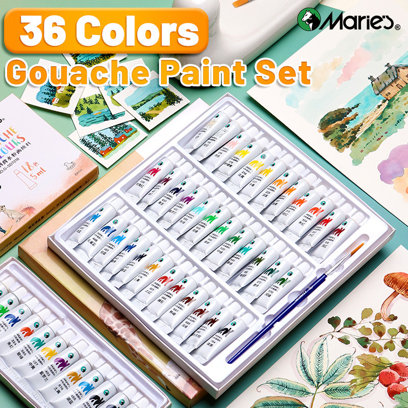 

36 Colors Marie's Goua e Paint & 1pc Paintbrush in 5ml/Tube for Paper,Cardboard,Canvas,DIY,Craft for Adult,Artists,Students