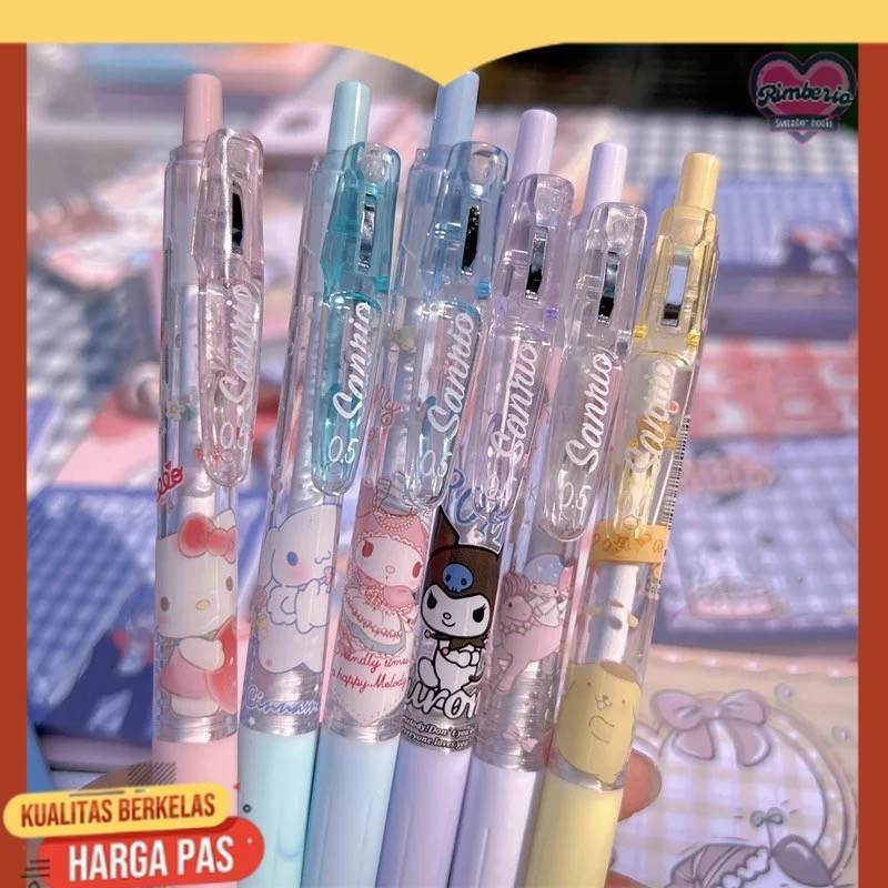 

6 Buah/Set Pena Gel Mekanis Sanrio/Pena Bolpoin Mekanis Kartun Tinta Hitam-0,5mm