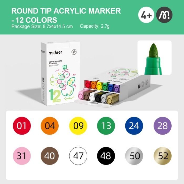 

Mideer Acrylic Marker Round Nib Spidol Warna Alat Sekolah Anak 4+ - 12 Colors