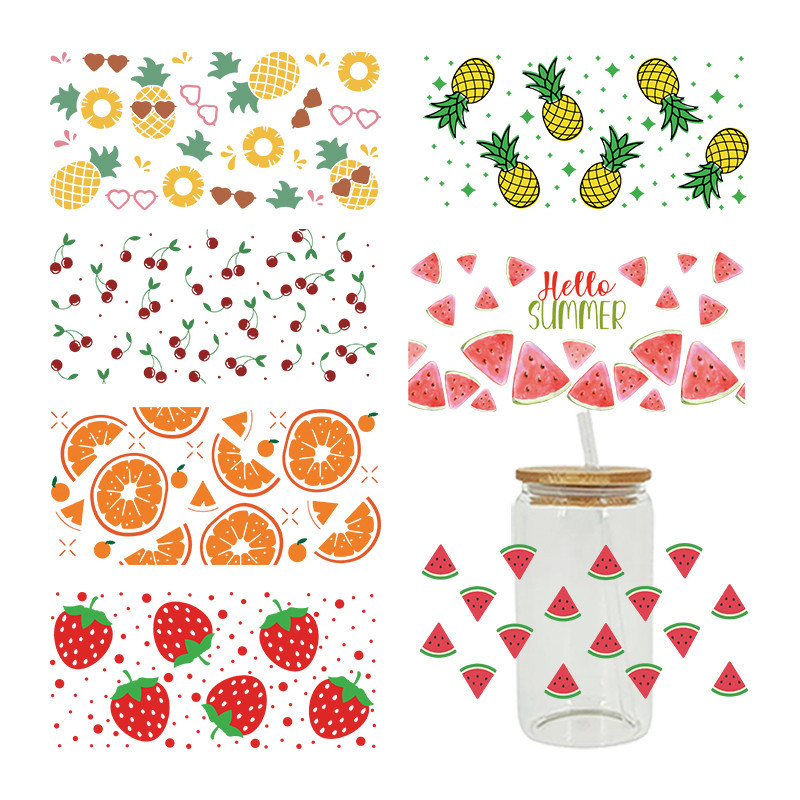 

UV DTF Strawberries, pineapples Transfer Happy Juice Printed Sticker For The 16oz Libbey Glasses Wraps Bottles D6816
