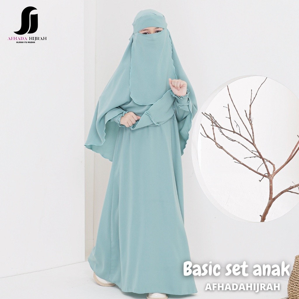 Gamis set cadar anak BASIC hijau wardah terbaru baju dan hijab instan syari free niqab