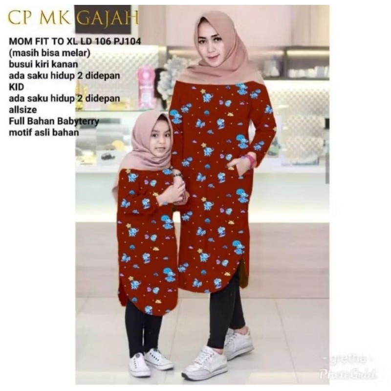 (Cuci Gudang) Couple Long Tunik Hawa Couple Tunik Gajah Ibu dan Anak (Tunik Ibu + Tunik Anak)