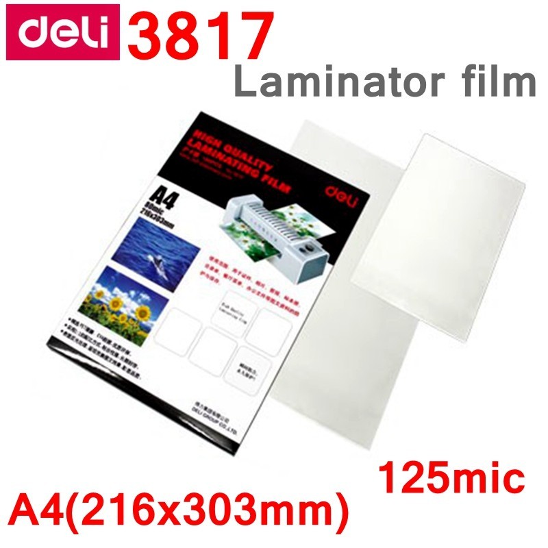 

100PCS/lot Deli 3817 hot pouch laminator film A4(216x303mm) size 125 mic photo documents PET laminator film laminating film