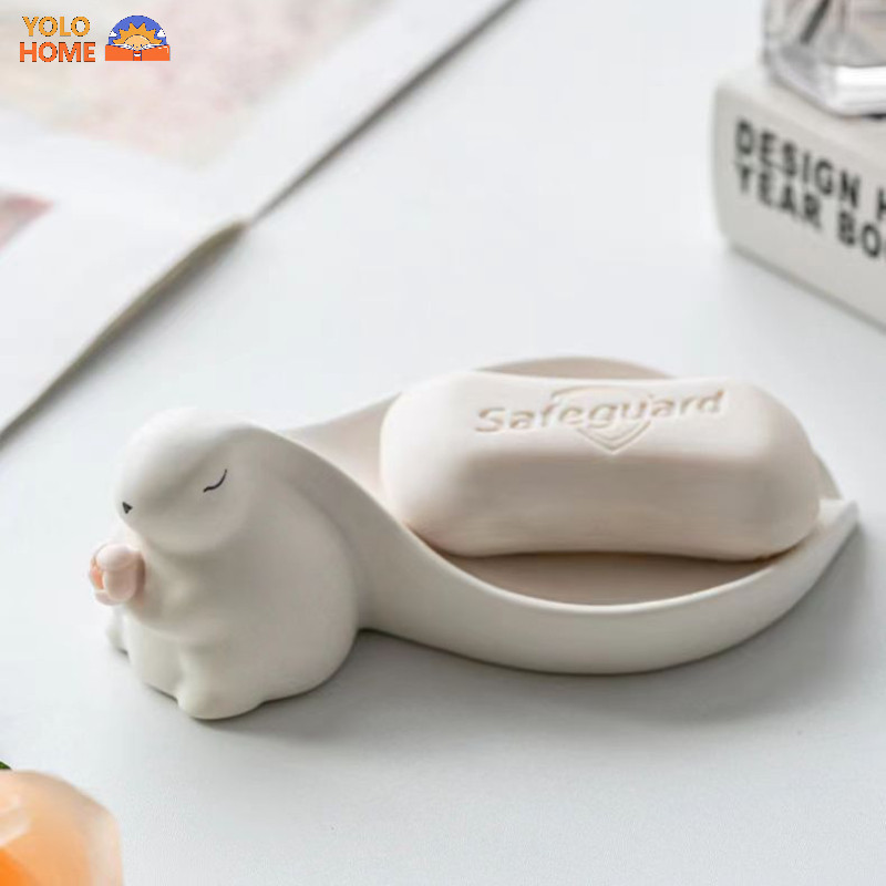 

New Big Ear Cute Rabbit Ceramic Soap Box Decorative Bathroom Drainage Soap Dish Storage Wash Desk Decor Home Accessories